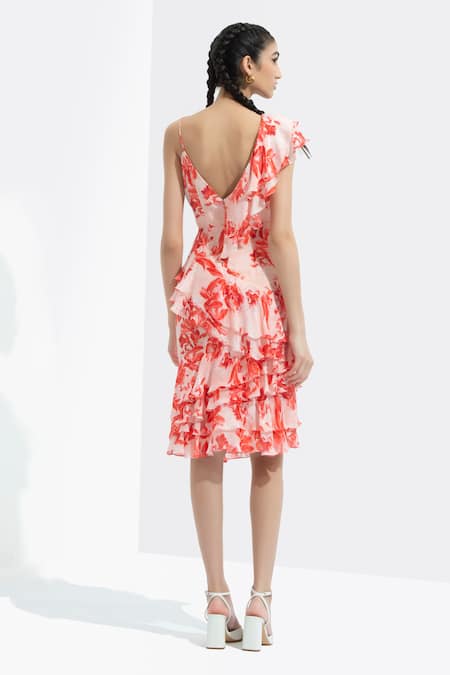 Shop Mandira Wirk Resort Peach Chiffon V Neck Printed Ruffle Dress at Aza Fashions Shop_Mandira Wirk Resort_Peach Chiffon V Neck Printed Ruffle Dress _at_Aza_Fashions