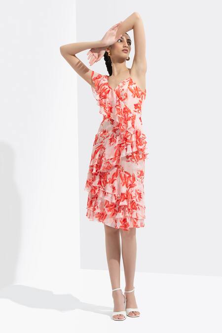 Shop Mandira Wirk Resort Peach Chiffon V Neck Printed Ruffle Dress Online at Aza Fashions Shop_Mandira Wirk Resort_Peach Chiffon V Neck Printed Ruffle Dress _Online_at_Aza_Fashions