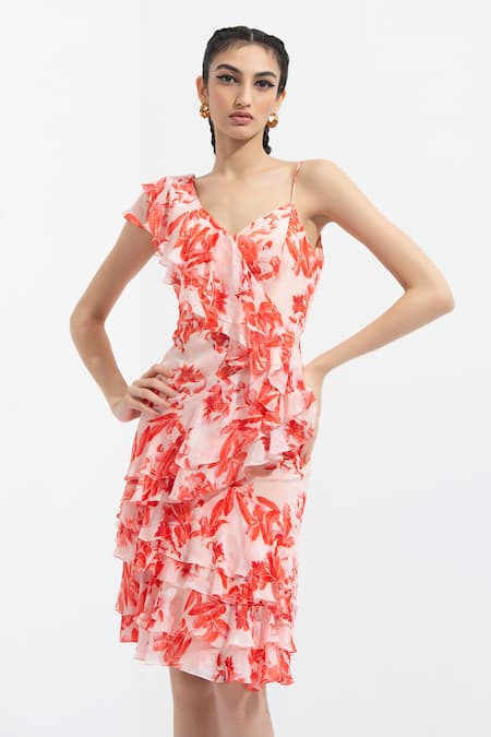 Mandira Wirk Resort Peach Chiffon V Neck Printed Ruffle Dress at Aza Fashions Mandira Wirk Resort_Peach Chiffon V Neck Printed Ruffle Dress _at_Aza_Fashions