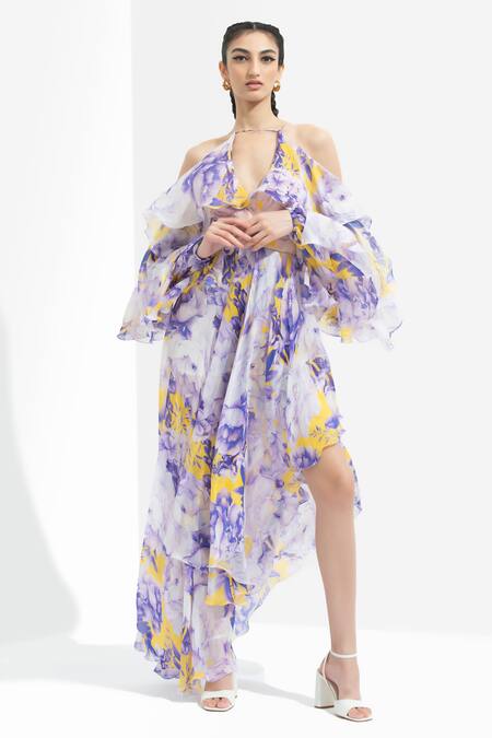 Mandira Wirk_Multi Color Chiffon Square Neck Printed Cold Shoulder Dress_Online_at_Aza_Fashions