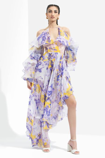 Shop_Mandira Wirk_Multi Color Chiffon Square Neck Printed Cold Shoulder Dress_Online_at_Aza_Fashions