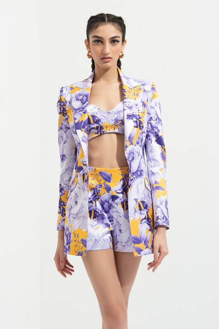 Mandira Wirk_Blue Satin Jacket Lapel Collar Bustier Sweetheart Printed And Shorts Set_Online_at_Aza_Fashions