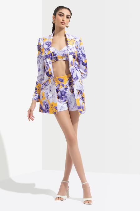 Buy_Mandira Wirk_Blue Satin Jacket Lapel Collar Bustier Sweetheart Printed And Shorts Set_Online_at_Aza_Fashions