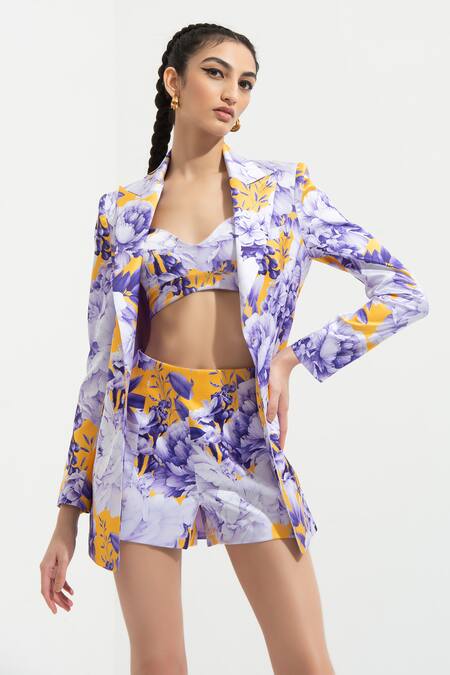 Shop_Mandira Wirk_Blue Satin Jacket Lapel Collar Bustier Sweetheart Printed And Shorts Set_Online_at_Aza_Fashions