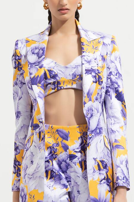 Mandira Wirk_Blue Satin Jacket Lapel Collar Bustier Sweetheart Printed And Shorts Set_at_Aza_Fashions