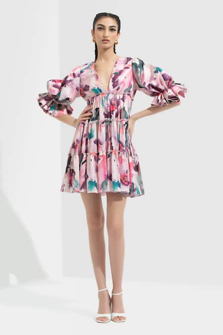 Buy_Mandira Wirk_Multi Color Satin V Neck Floral Print Tiered Dress_Online_at_Aza_Fashions