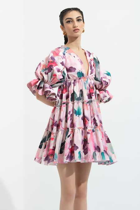 Shop_Mandira Wirk_Multi Color Satin V Neck Floral Print Tiered Dress_Online_at_Aza_Fashions