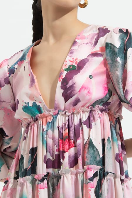 Mandira Wirk_Multi Color Satin V Neck Floral Print Tiered Dress_at_Aza_Fashions