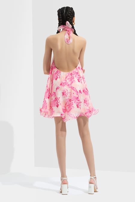 Shop Mandira Wirk Resort Pink Chiffon Halter Printed Dress at Aza Fashions Shop_Mandira Wirk Resort_Pink Chiffon Halter Printed Dress _at_Aza_Fashions