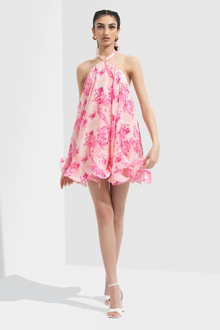 Buy Mandira Wirk Resort Pink Chiffon Halter Printed Dress Online at Aza Fashions Buy_Mandira Wirk Resort_Pink Chiffon Halter Printed Dress _Online_at_Aza_Fashions
