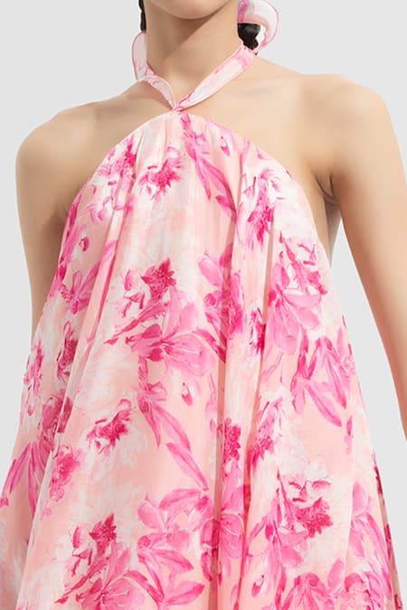 Shop Mandira Wirk Resort Pink Chiffon Halter Printed Dress Online at Aza Fashions Shop_Mandira Wirk Resort_Pink Chiffon Halter Printed Dress _Online_at_Aza_Fashions