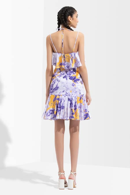 Shop Mandira Wirk Blue Satin Sweetheart Neck Floral Print Dress at Aza Fashions Shop_Mandira Wirk_Blue Satin Sweetheart Neck Floral Print Dress_at_Aza_Fashions