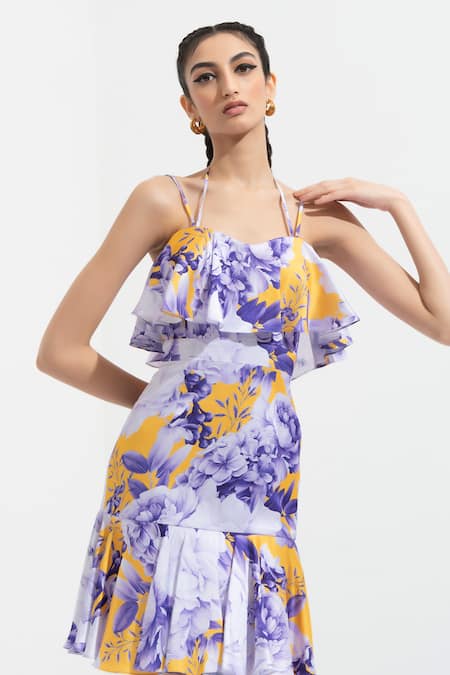 Buy Mandira Wirk Blue Satin Sweetheart Neck Floral Print Dress Online at Aza Fashions Buy_Mandira Wirk_Blue Satin Sweetheart Neck Floral Print Dress_Online_at_Aza_Fashions