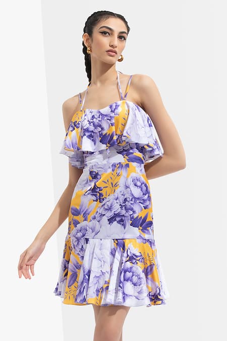 Shop Mandira Wirk Blue Satin Sweetheart Neck Floral Print Dress Online at Aza Fashions Shop_Mandira Wirk_Blue Satin Sweetheart Neck Floral Print Dress_Online_at_Aza_Fashions