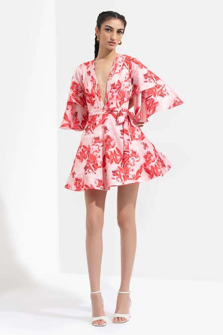 Shop Mandira Wirk Resort Pink Satin V Neck Floral Print Dress at Aza Fashions Shop_Mandira Wirk Resort_Pink Satin V Neck Floral Print Dress _at_Aza_Fashions