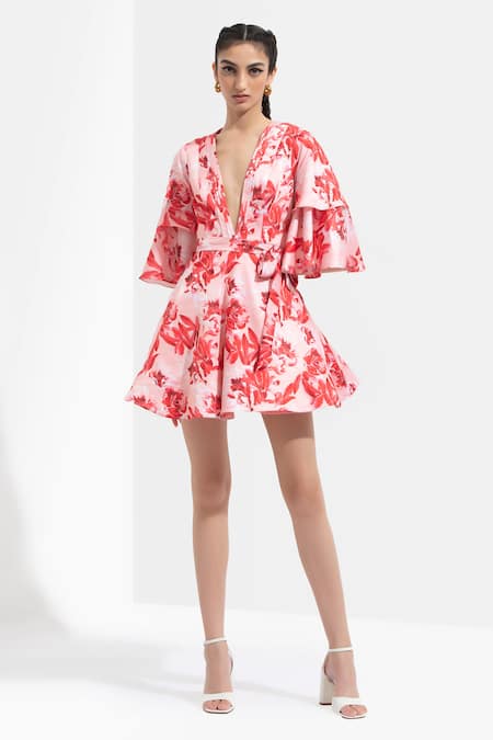 Shop Mandira Wirk Resort Pink Satin V Neck Floral Print Dress Online at Aza Fashions Shop_Mandira Wirk Resort_Pink Satin V Neck Floral Print Dress _Online_at_Aza_Fashions