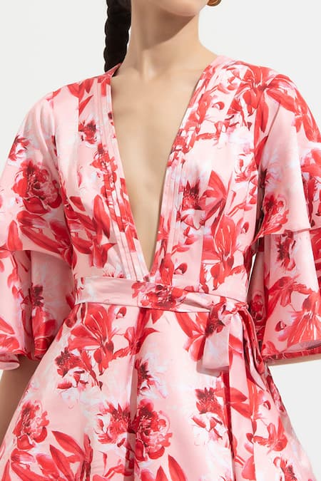 Mandira Wirk Resort Pink Satin V Neck Floral Print Dress at Aza Fashions Mandira Wirk Resort_Pink Satin V Neck Floral Print Dress _at_Aza_Fashions