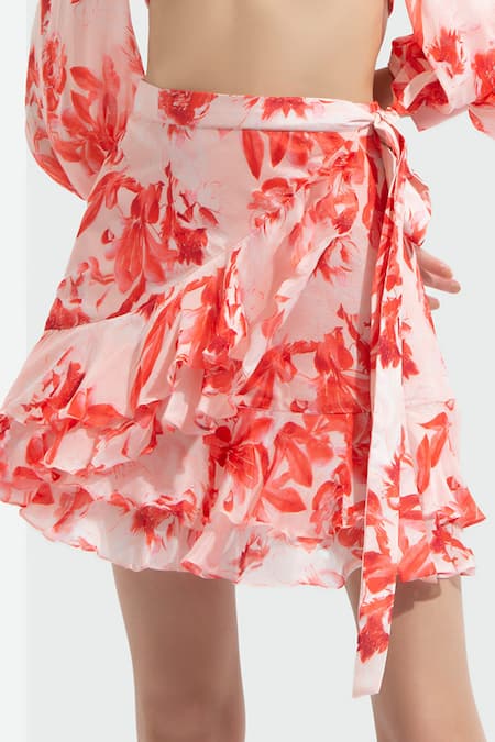 Pink Ruffle Silk Crop Top with Jacquard Skirt Set-Shrena Hirawat