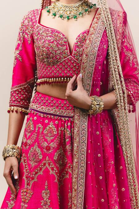 Shop_Tarun Tahiliani_Pink Lehenga And Blouse Raw Silk Dupatta Soft Net Embroidered Bridal Set_Online_at_Aza_Fashions