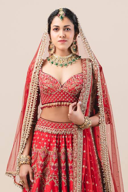 Tarun Tahiliani_Red Lehenga And Blouse Raw Silk Dupatta Soft Embroidered Panelled Bridal Set_Online_at_Aza_Fashions