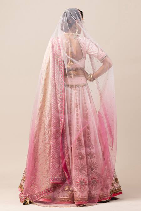 Shop Tarun Tahiliani Pink Lehenga And Blouse Raw Silk Dupatta Bandhani Embroidered Bridal Set at Aza Fashions Shop_Tarun Tahiliani_Pink Lehenga And Blouse Raw Silk Dupatta Bandhani Embroidered Bridal Set_at_Aza_Fashions