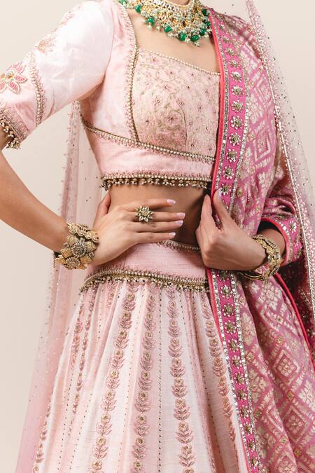 Shop Tarun Tahiliani Pink Lehenga And Blouse Raw Silk Dupatta Bandhani Embroidered Bridal Set Online at Aza Fashions Shop_Tarun Tahiliani_Pink Lehenga And Blouse Raw Silk Dupatta Bandhani Embroidered Bridal Set_Online_at_Aza_Fashions