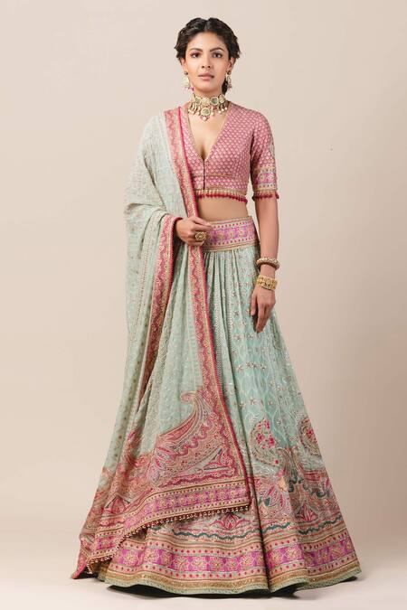 Tarun Tahiliani Green Georgette V Neck Chikankari Bridal Lehenga Set