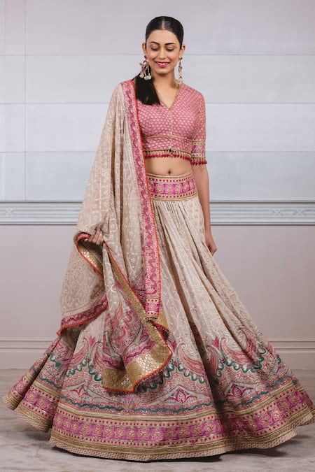 Buy Blue Silk Chiffon Scoop Neck Chikankari Embroidered Bridal Lehenga Set  For Women by Tarun Tahiliani Online at Aza Fashions.