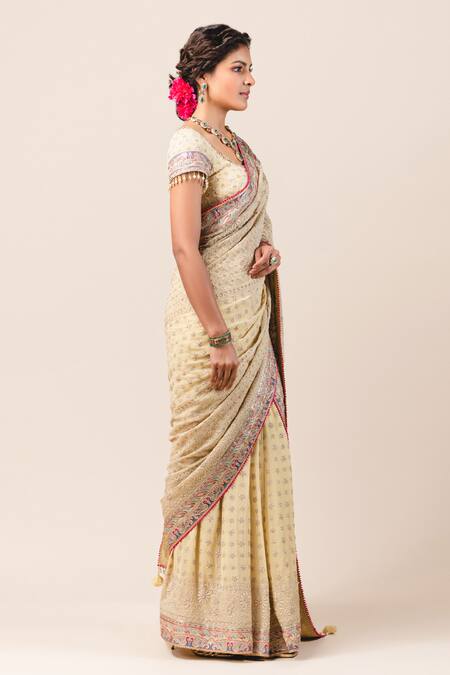 Tarun Tahiliani_Yellow Georgette U Neck Chikankari Saree With Blouse_Online_at_Aza_Fashions