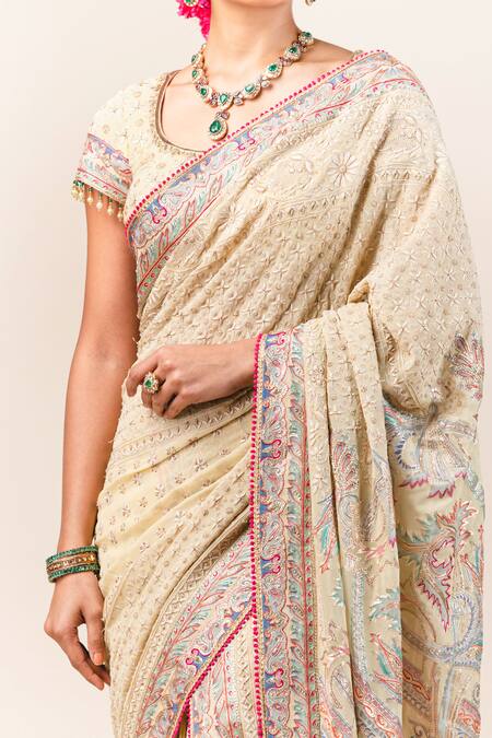 Buy_Tarun Tahiliani_Yellow Georgette U Neck Chikankari Saree With Blouse_Online_at_Aza_Fashions