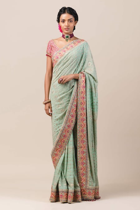 Tarun Tahiliani - Green Silk Georgette V Neck Chikankari Saree With Blouse  For Women