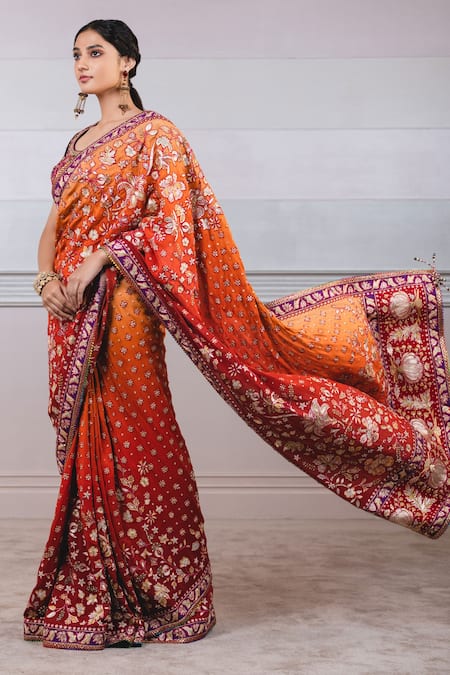 Tarun Tahiliani_Orange Saree Silk Crepe Blouse Dupion Silk Kasheeda Embroidered With_Online_at_Aza_Fashions