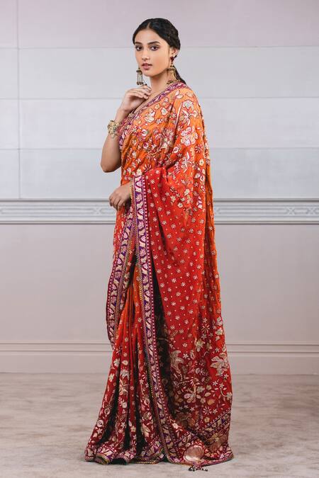Buy_Tarun Tahiliani_Orange Saree Silk Crepe Blouse Dupion Silk Kasheeda Embroidered With_Online_at_Aza_Fashions
