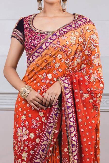 Shop_Tarun Tahiliani_Orange Saree Silk Crepe Blouse Dupion Silk Kasheeda Embroidered With_Online_at_Aza_Fashions