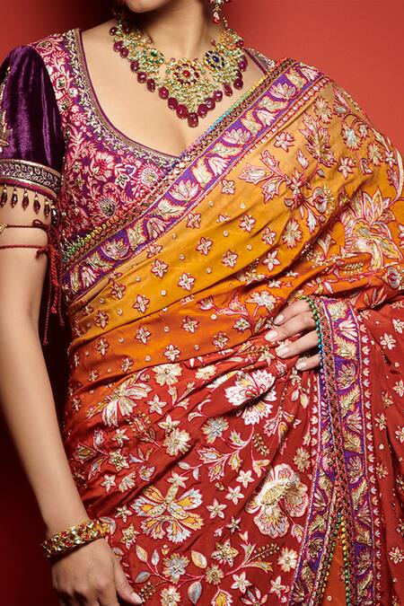 Tarun Tahiliani_Orange Saree Silk Crepe Blouse Dupion Petticoat Satin Lycra U Neck With_Online_at_Aza_Fashions