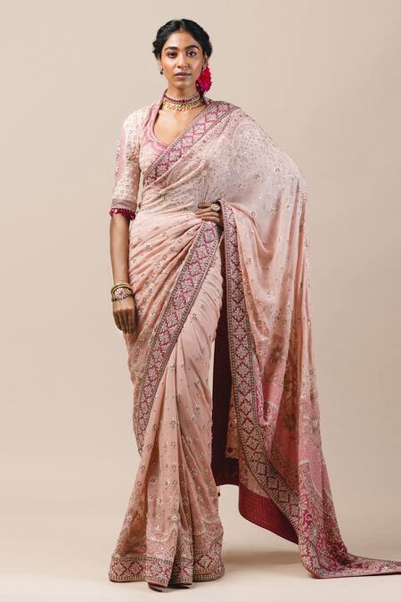 Tarun Tahiliani Pink Georgette U Neck Embroidered Saree With Blouse