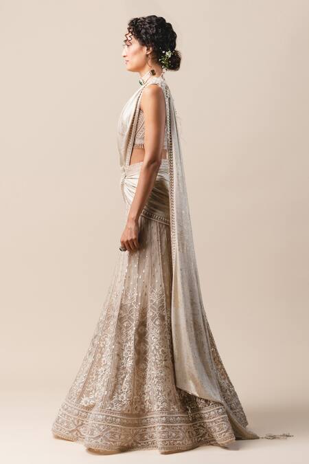 Tarun Tahiliani White Tissue, Tulle, Georgette V Neck Draped Lehenga Saree Online at Aza Fashions Tarun Tahiliani_White Tissue, Tulle, Georgette V Neck Draped Lehenga Saree_Online_at_Aza_Fashions