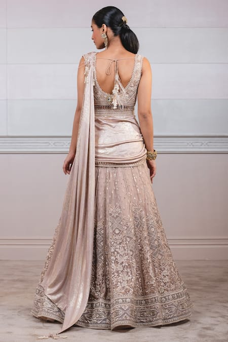 Shop_Tarun Tahiliani_Beige Tissue, Tulle, Georgette, Foil Jersey Kalidar Lehenga Saree With Blouse _at_Aza_Fashions