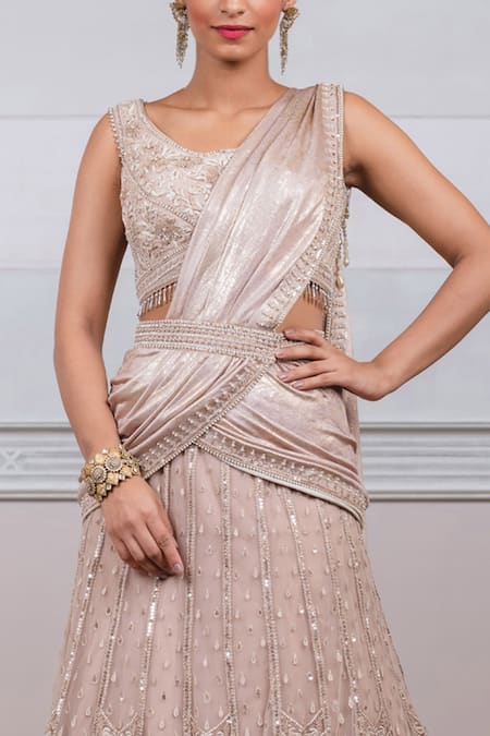 Shop_Tarun Tahiliani_Beige Tissue, Tulle, Georgette, Foil Jersey Kalidar Lehenga Saree With Blouse _Online_at_Aza_Fashions