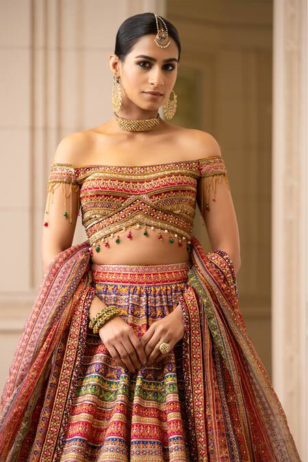 Shop Tarun Tahiliani Multi Color Dupatta Sheer , Lehenga And Blouse & Embroidered Set Online at Aza Fashions Shop_Tarun Tahiliani_Multi Color Dupatta Sheer , Lehenga And Blouse & Embroidered Set_Online_at_Aza_Fashions