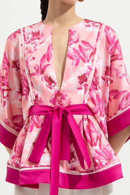 Shop_Mandira Wirk_White Satin V Neck Printed Top And Pant Set_Online_at_Aza_Fashions