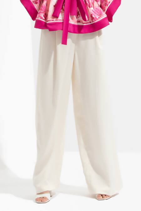 Mandira Wirk_White Satin V Neck Printed Top And Pant Set_at_Aza_Fashions