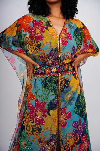 Taavare_Blue Organza Floral Print, Sequins Embroidery V Neck Kaftan With Belt_Online_at_Aza_Fashions