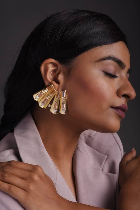 Zeeya Luxury Jewellery_Gold Plated Stone Embellished Earrings_Online_at_Aza_Fashions