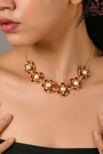 Zeeya Luxury Jewellery_Gold Plated Stone Embellished Floral Motif Necklace_Online_at_Aza_Fashions