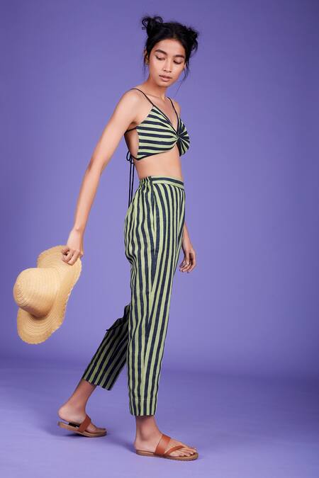 Buy MATI Green Cotton Striped Pant Set Online at Aza Fashions Buy_MATI_Green Cotton Striped Pant Set_Online_at_Aza_Fashions