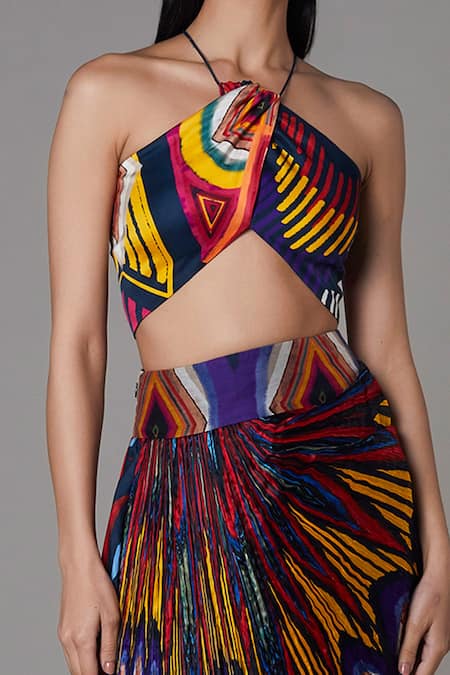 Buy Multi Color Chanderi Abstract Halter Bralette For Women by
