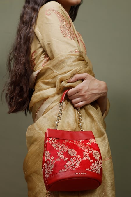 Shop Tan & Loom Red Embroidery Rani Brocade Woven Batwa Online at Aza Fashions Shop_Tan & Loom_Red Embroidery Rani Brocade Woven Batwa _Online_at_Aza_Fashions