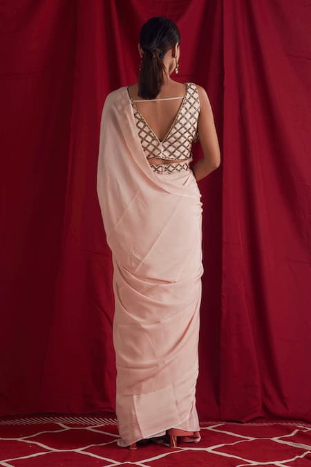 Shop_Shloka Sudhakar_Pink Saree Crepe Chinon Metal And Bead Work V Neck With Embroidered Blouse _at_Aza_Fashions