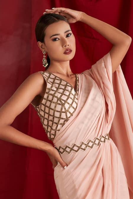 Shloka Sudhakar_Pink Saree Crepe Chinon Metal And Bead Work V Neck With Embroidered Blouse _Online_at_Aza_Fashions